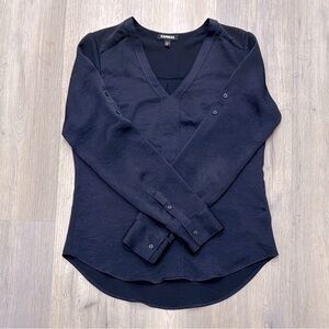 Express Women's Navy V-Neck Button-Sleeve Blouse